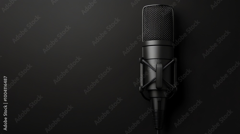 A black studio microphone on a stand against a black background. A black studio microphone on a stand against a black background.