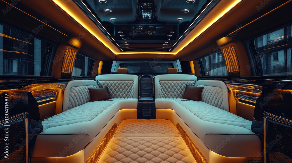 Obraz premium Luxury limousine interior with ambient LED lighting, quilted leather seats, spacious seating area, and modern design, designed for ultimate comfort and stylish transportation in exclusive events