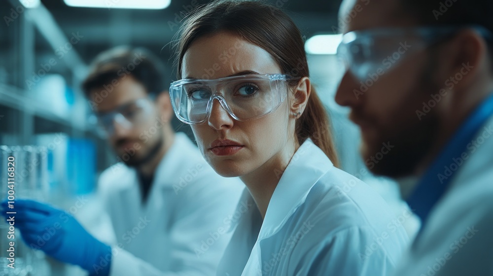 A woman wearing a lab coat and goggles looks at a man in a lab coat A woman wearing a lab coat and goggles looks at a man in a lab coat