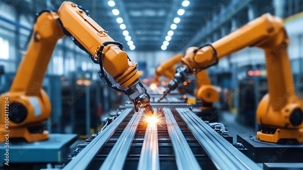 Industrial robotic arms welding metal on assembly line. Industrial robotic arms welding metal on assembly line.