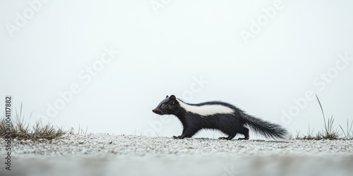 A solitary skunk walks along a gravel path, surrounded by a foggy landscape, showcasing its distinctive black and white stripes.