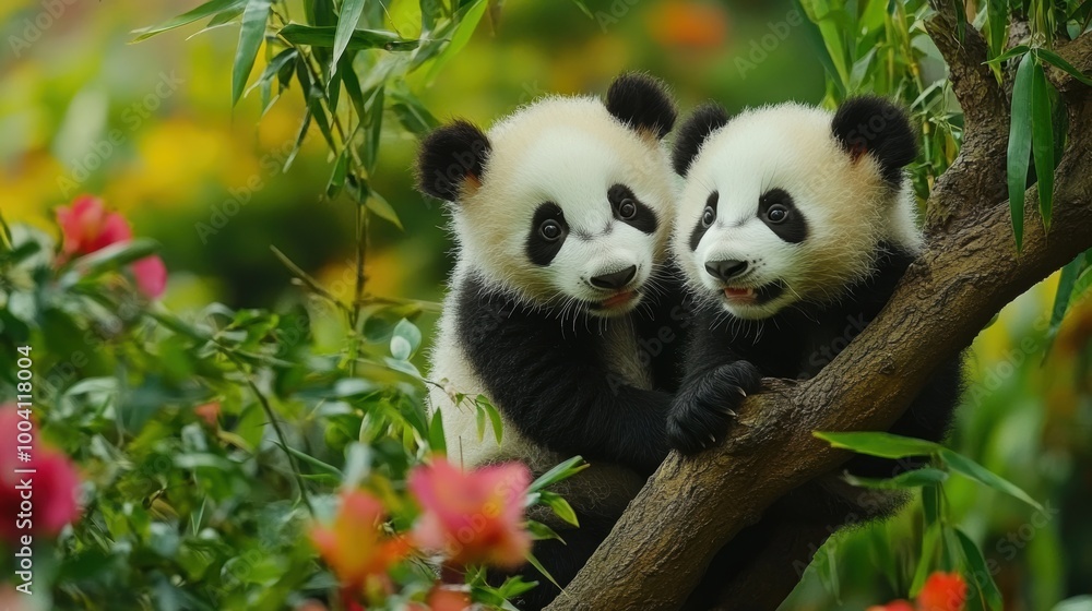 Obraz premium Adorable Baby Pandas Climbing in Lush Greenery