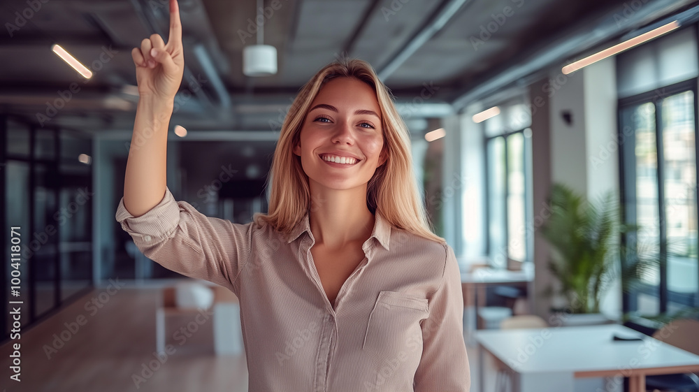 Fototapeta premium Smiling blonde woman in a casual shirt pointing upwards to the right with a confident stance, modern office environment. Ai generated