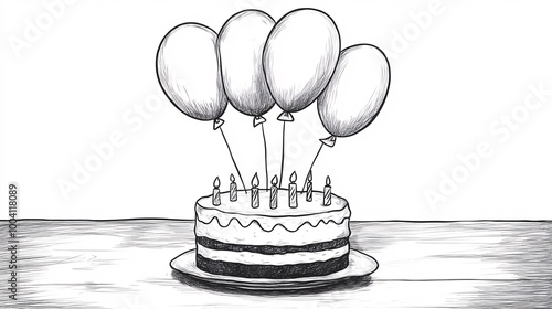 Black and White Sketch of a Birthday Cake with Candles and Balloons on a Wooden Table