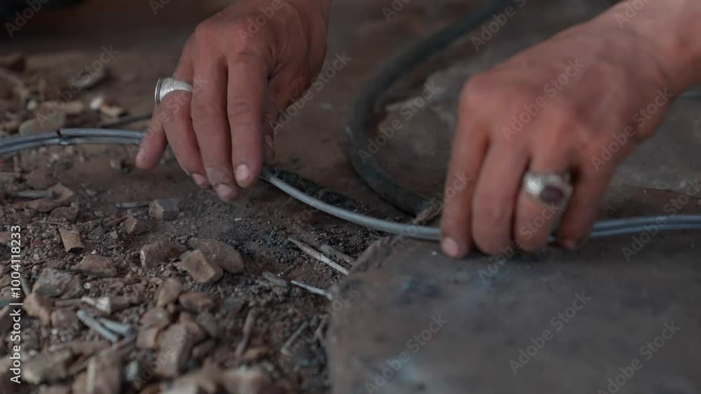 Hands working with cables on a dusty ground, focus on manual labor and craftsmanship Hands working with cables on a dusty ground, focus on manual labor and craftsmanship