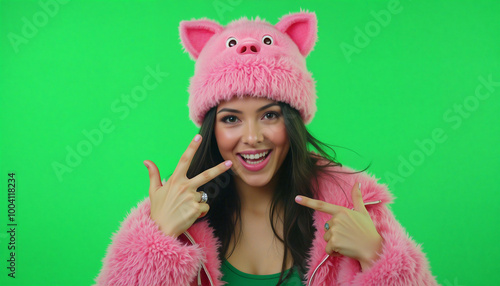 A woman wearing a pink pig hat and a pink fur coat photo