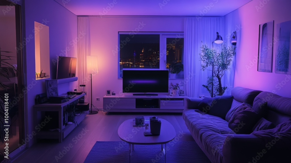Modern living room with colorful lighting, a couch, a coffee table, a TV, and a plant. Modern living room with colorful lighting, a couch, a coffee table, a TV, and a plant.