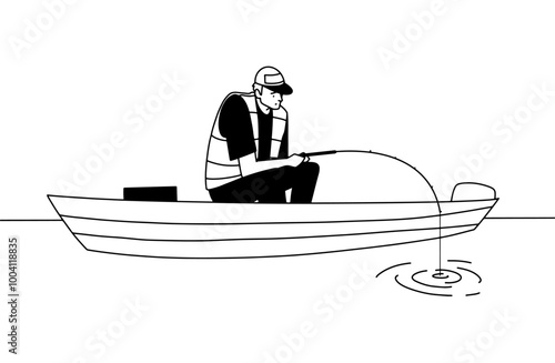 Outline, coloring page, young man fishing from a boat, fisherman. Vector illustration