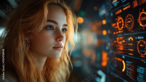 Woman interacting with futuristic digital interface