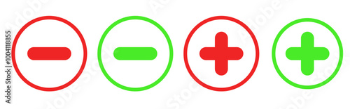 Vector graphics of add and minus icon in transparent circle with red and green outline. Plus icon green and red. EPS 10. Isolated on white background