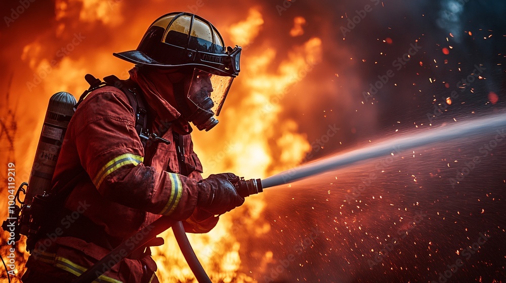 Firefighter Battling Intense Blaze with Hose in Full Gear and Protective Helmet Firefighter Battling Intense Blaze with Hose in Full Gear and Protective Helmet