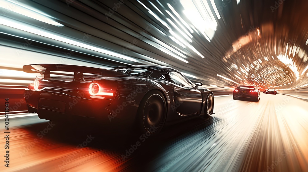 Naklejka premium A black sports car speeds through a tunnel with a blurred background.