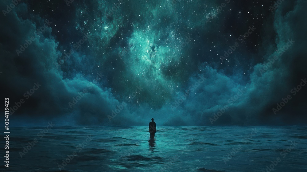 Small silhouette enveloped by vast cosmic teal ocean