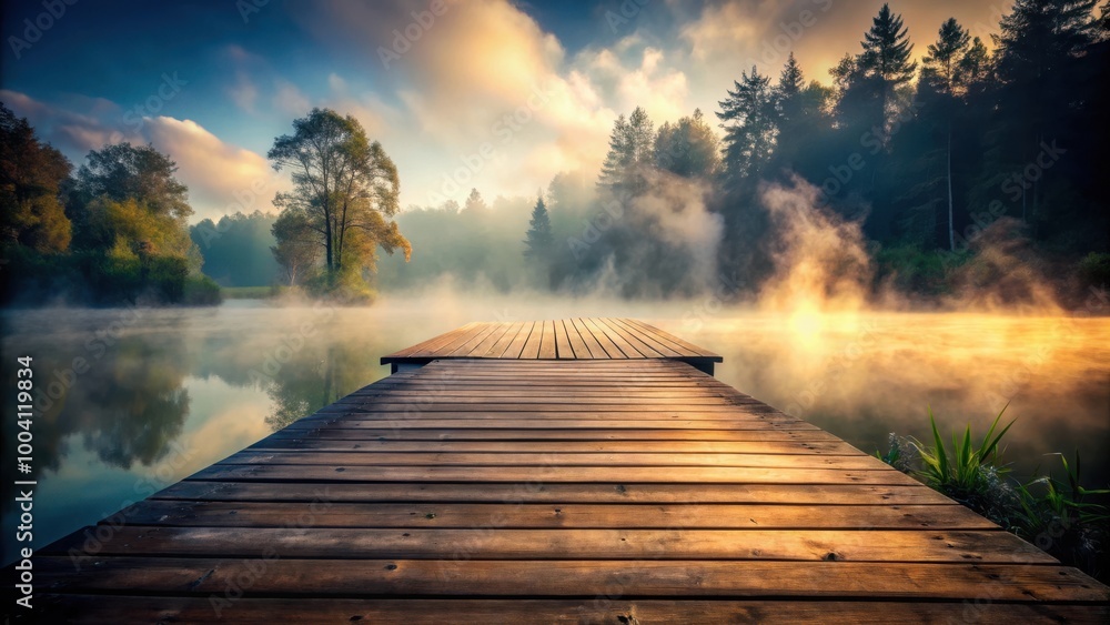 Fototapeta premium Mysterious fog covering a rustic wooden platform in the early morning mist