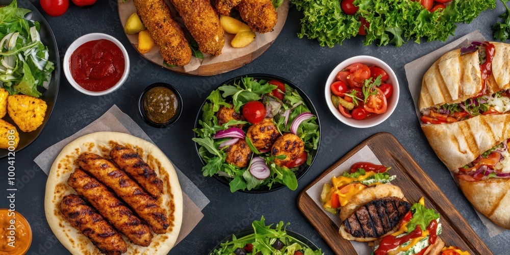 A vibrant spread of delicious dishes, including salads, grilled meats, and sauces, perfect for any gathering or celebration. A vibrant spread of delicious dishes, including salads, grilled meats, and sauces, perfect for any gathering or celebration.