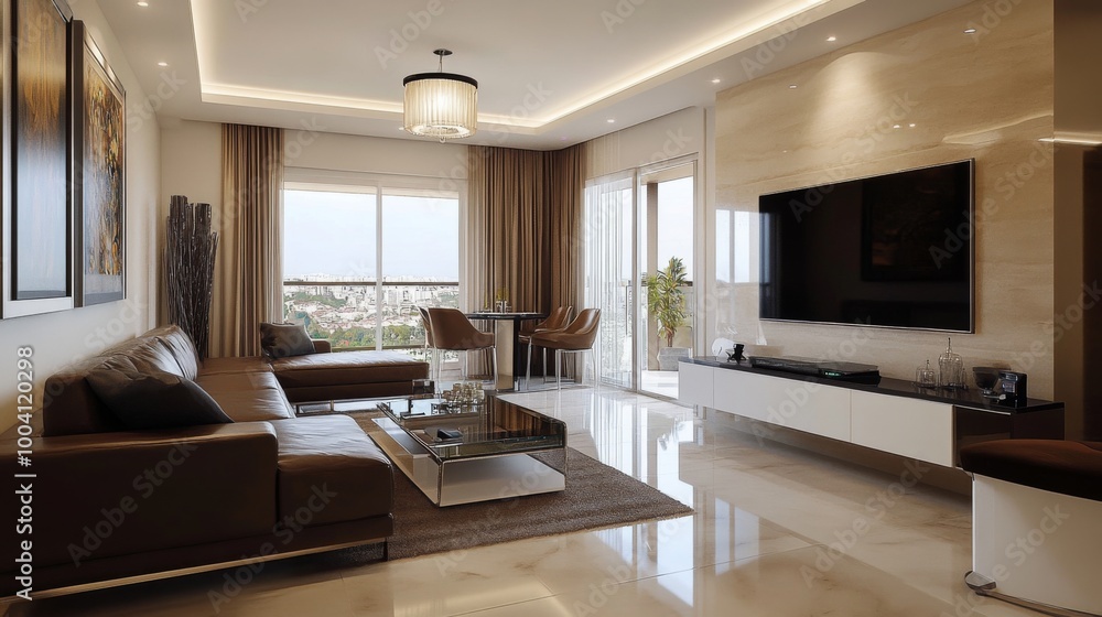 Modern living room with large windows, a leather sofa, and a large flat-screen TV. Modern living room with large windows, a leather sofa, and a large flat-screen TV.