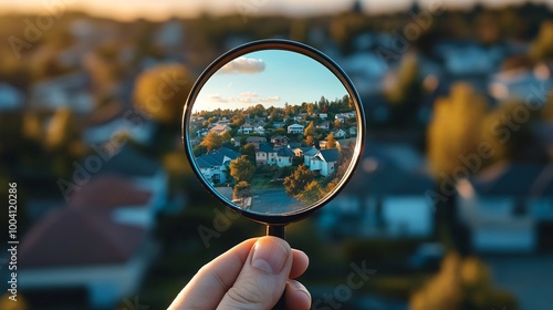 Magnifying Glass Focusing on Suburban Neighborhood with Houses and Trees in the Background