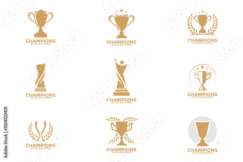 Set of Trophy with start logo icon design template flat vector illustration, Award Winner logo design template