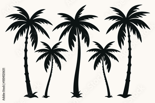 Set of Palm trees silhouette. Retro coconut trees, hand drawn tropical palm on white background