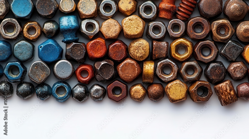 closeup of assorted nuts and bolts spread out against a clean white background offering ample copy space for design purposes suitable for industrialthemed projects closeup of assorted nuts and bolts spread out against a clean white background offering ample copy space for design purposes suitable for industrialthemed projects