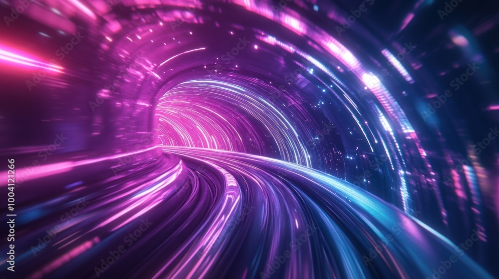 Obraz premium Futuristic winding tunnel with glowing purple lights.