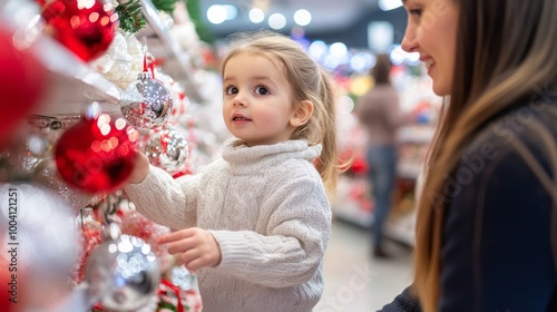 A girl and her mother shop for Christmas ornaments, with the child curiously reaching for festive decorations