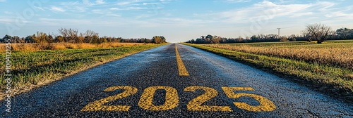 A serene open road stretches into the distance under a bright sky, with '2025' painted on the asphalt, symbolizing the journey towards the future and new beginnings. photo