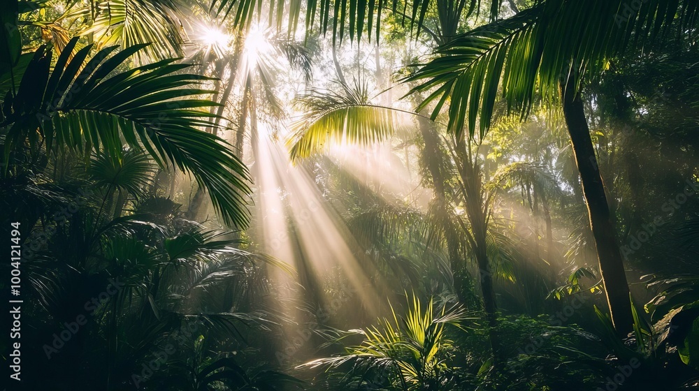 Naklejka premium Sun Rays Through Lush Tropical Rainforest Canopy