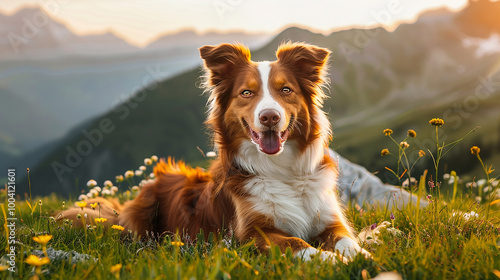 A happy dog ​​lying on the grass