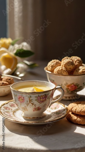 Wallpaper Mural Sunlit Lemon Tea and Biscuits: A delightful image of a floral teacup filled with creamy lemon tea, accompanied by delicate biscuits, bathed in warm sunlight. Torontodigital.ca