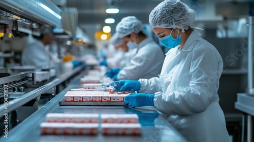 Workers in a food processing facility preparing fresh produce during daylight hours for quality assurance and packaging photo