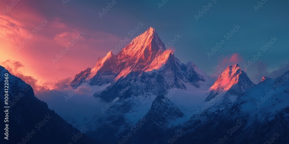 Breathtaking mountain landscape under a colorful sky at sunset, showcasing stunning peaks and serene tranquility. Breathtaking mountain landscape under a colorful sky at sunset, showcasing stunning peaks and serene tranquility.