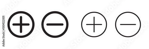 Round plus and minus icons with different thicknesses. Black outline style icons. Positive and negative symbols. Vector illustration.
