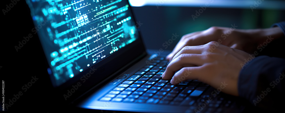 A person working intently on a laptop in a dark room A person working intently on a laptop in a dark room