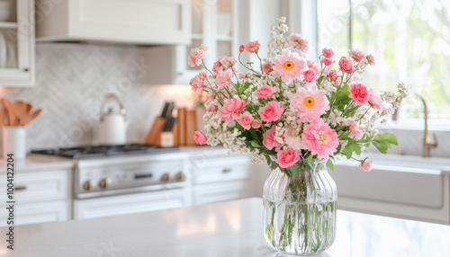 Fototapeta Naklejka Na Ścianę i Meble -  Bouquet of pink flowers sitting on kitchen island in modern home