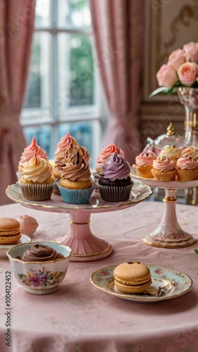 Wallpaper Mural A Delicate Tea Party: A picturesque table setting adorned with delicate floral patterns, featuring a tiered cupcake stand with colorful treats and dainty macarons. Torontodigital.ca