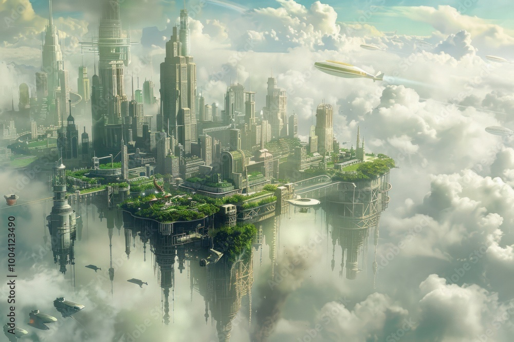 Naklejka premium Futuristic floating cityscape above clouds