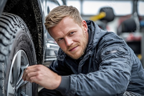 Professional tire replacement by a technician, ensuring a safe ride by securely fitting new tires, with a clean, organized workshop setting