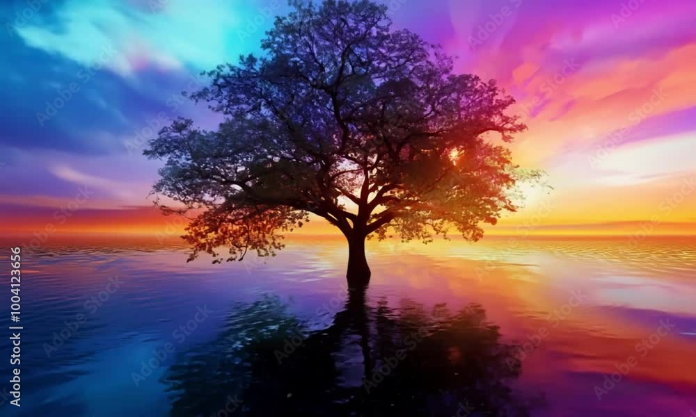 Colorful Fantasy Realism of a Tree in Water at Sunset Colorful Fantasy Realism of a Tree in Water at Sunset