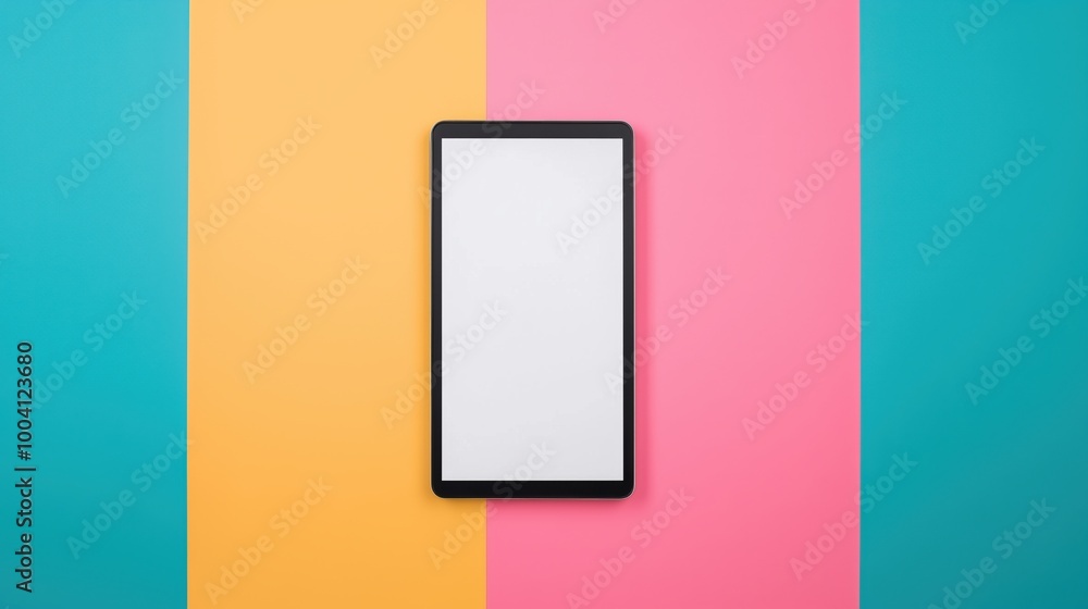 Black Tablet on Colorful Background Blue, Yellow, Pink Black Tablet on Colorful Background Blue, Yellow, Pink