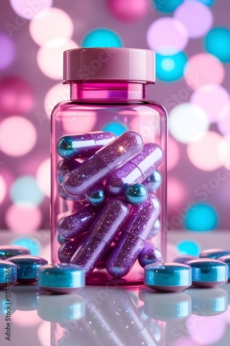 A close-up of a transparent pink pill bottle filled with sparkling, glitter-covered capsules and round tablets. The background is composed of vibrant, bokeh lights in soft pastel colors like pink, pur