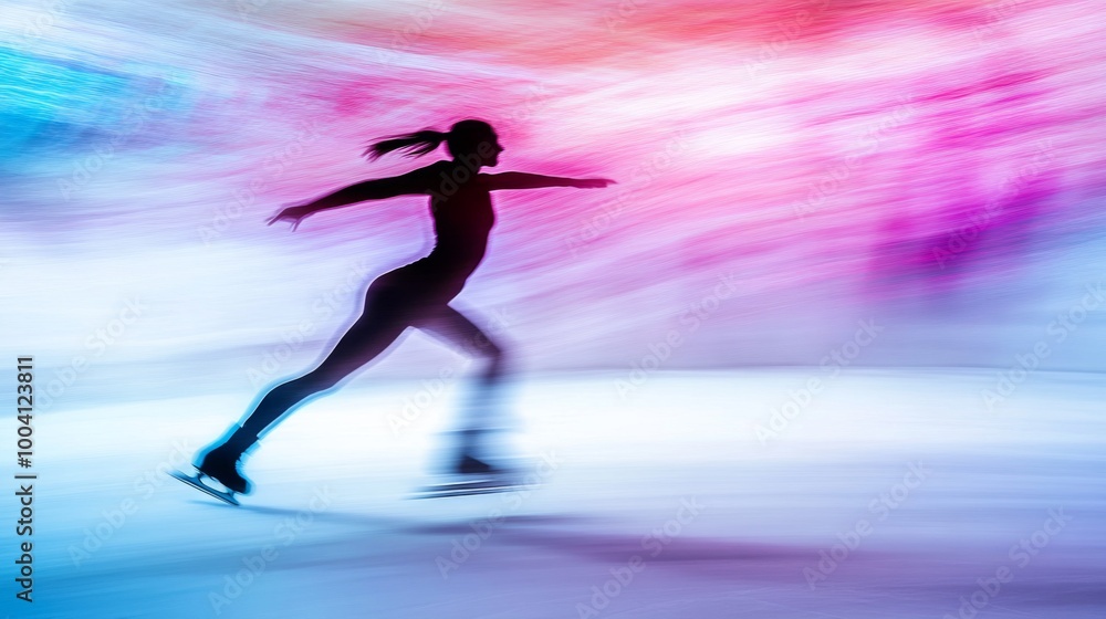 Silhouette of a figure skater on ice with a blurred colorful background. Silhouette of a figure skater on ice with a blurred colorful background.