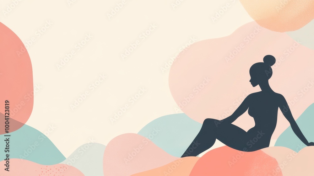Silhouette of Serenity: A minimalist, stylized silhouette of a woman with a bun, sitting peacefully on a soft, pastel-colored background of abstract shapes. Silhouette of Serenity: A minimalist, stylized silhouette of a woman with a bun, sitting peacefully on a soft, pastel-colored background of abstract shapes.