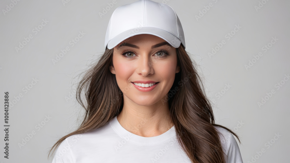 Woman wearing white t-shirt and white baseball cap isolated on grey background Woman wearing white t-shirt and white baseball cap isolated on grey background