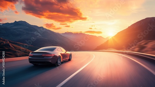 A sleek car cruising along a winding road at sunset, surrounded by mountains.