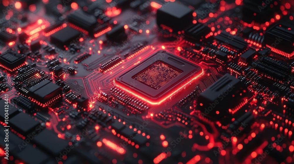 closeup view of a red circuit board intricate details capturing the essence of cybersecurity threats and big data challenges in a neonlit environment closeup view of a red circuit board intricate details capturing the essence of cybersecurity threats and big data challenges in a neonlit environment