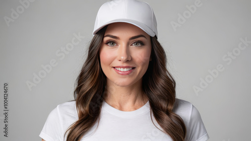 Woman wearing white t-shirt and white baseball cap isolated on grey background