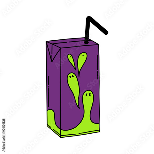Spooky juice box. Happy Halloween hand drawn clip art with ghosts. Y2K art vector illustration in purple and green colors. Trick or Treat