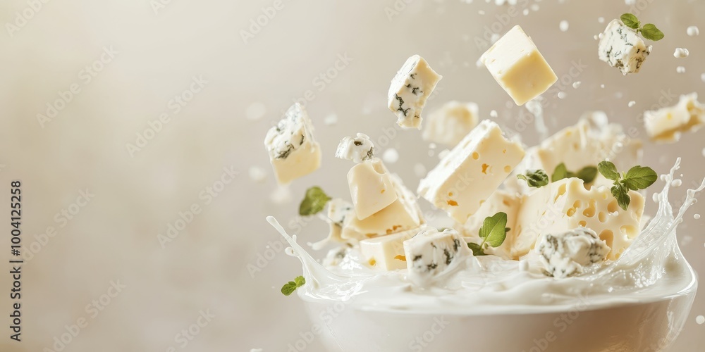 Delicious splashes of creamy milk with fresh cheese cubes and herbs creating a dynamic and appetizing culinary scene. Delicious splashes of creamy milk with fresh cheese cubes and herbs creating a dynamic and appetizing culinary scene.