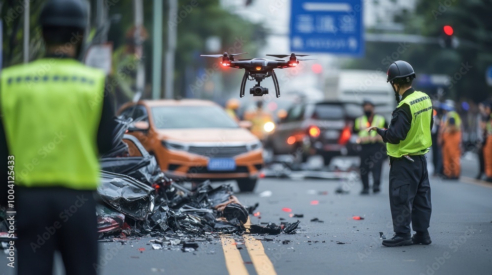 Obraz premium Police inspect crash site with drone support.
